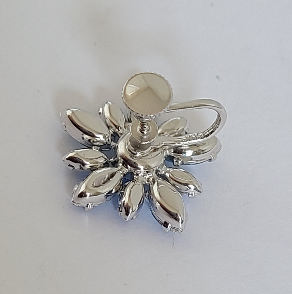 Vintage Jay Flex Sterling Silver Blue Rhinestone Flower Screw Back Stud Earrings - Picture 13 of 15